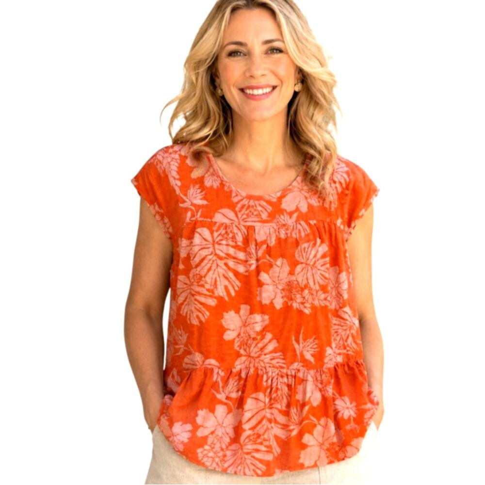 Style & Co Tropical Top Womens Large Orange Pink Tiered Knit Peplum Tank